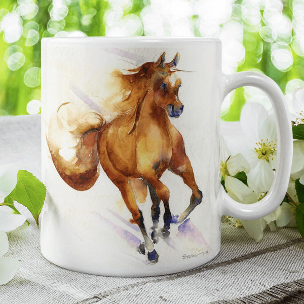 Brown Pony showing off Ceramic Mug designed by artist Sheila Gill