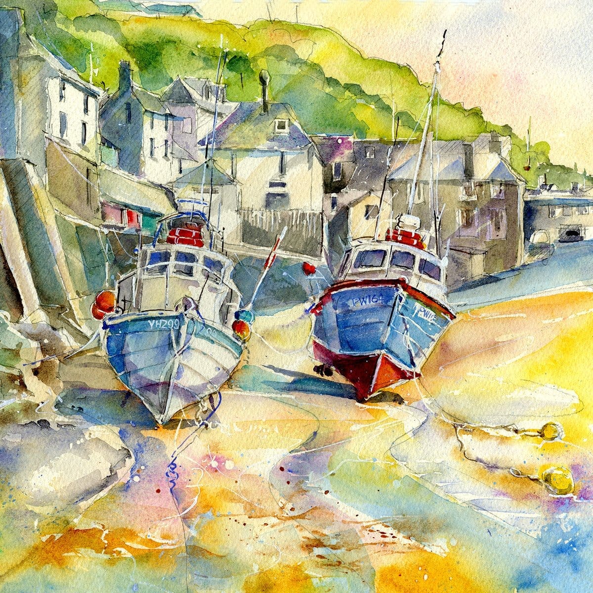 Port Isaac Fishing Boats Greeting Card designed by artist Sheila Gill
