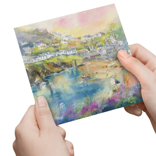 Port Isaac Harbour Greeting Card designed by artist Sheila Gill