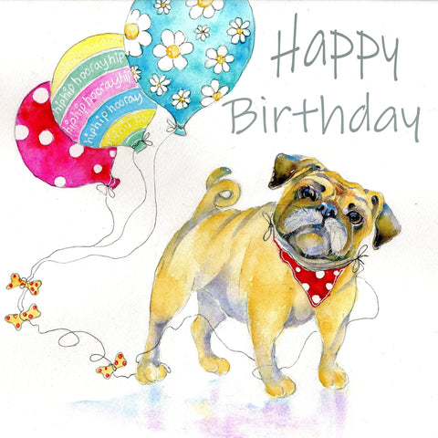 Pug Dog Happy Birthday Card designed by artist Sheila Gill