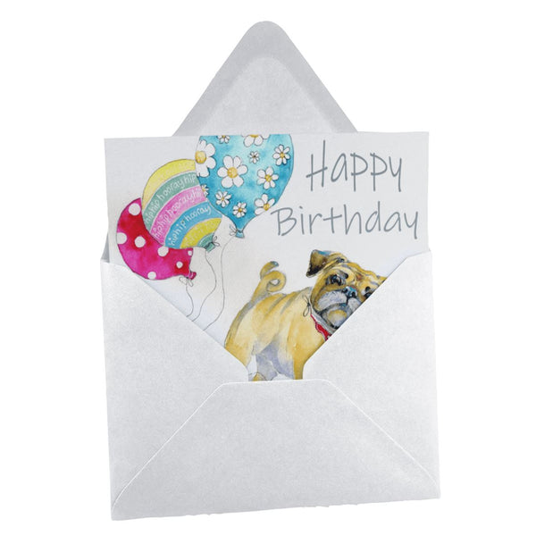 Pug Dog Happy Birthday Card designed by artist Sheila Gill