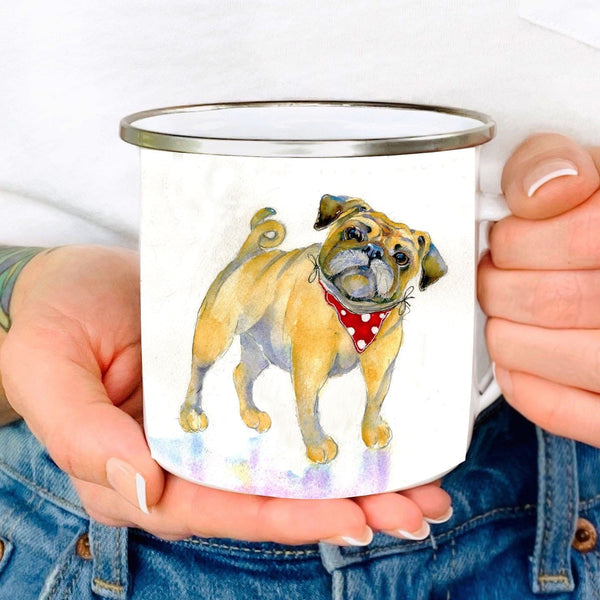 French Pug Dog Enamel Mug designed by artist Sheila Gill
