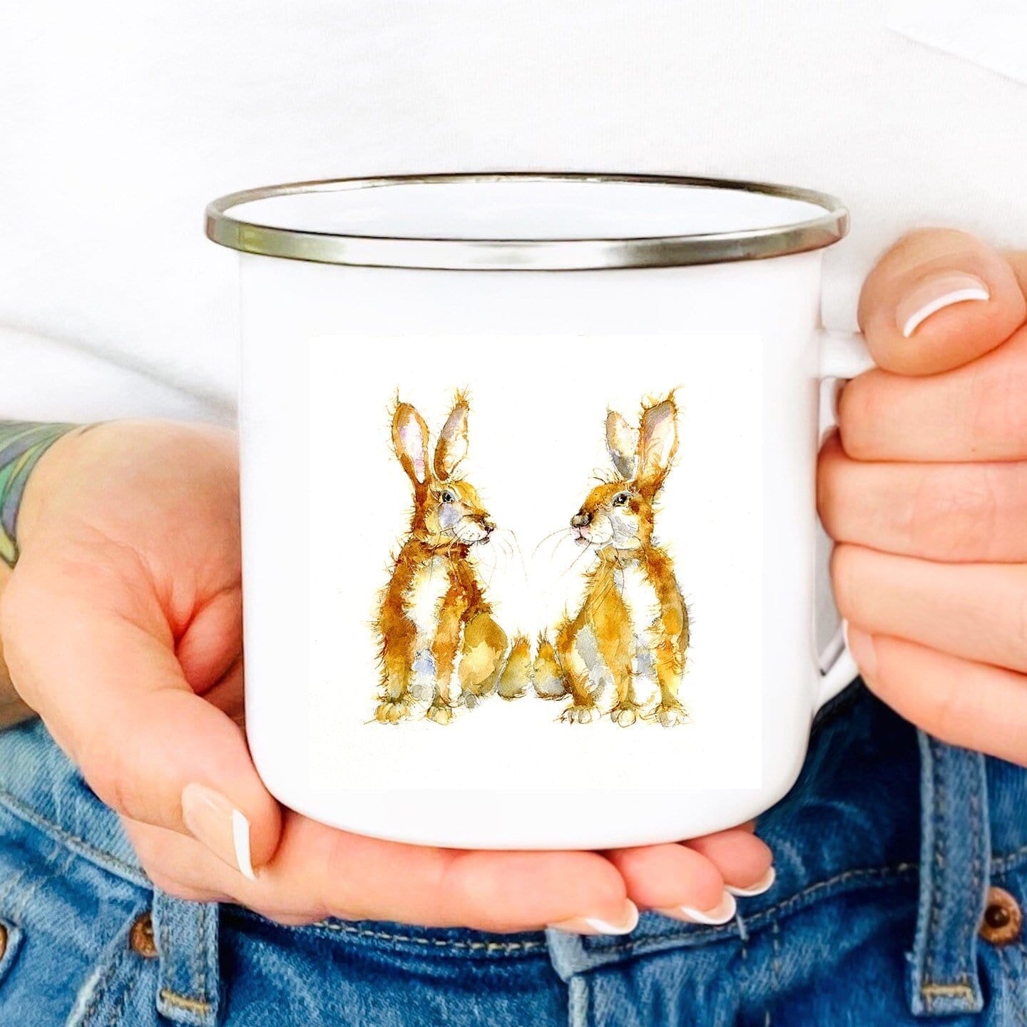 Bunny Rabbits Enamel Tin Mug designed by artist Sheila Gill
