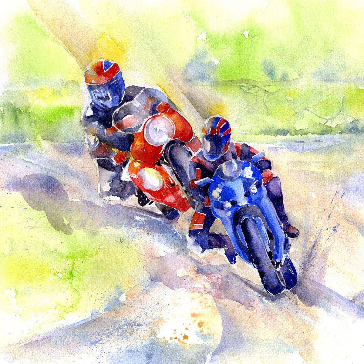 Motorbike Racing Greeting Card designed by artist Sheila Gill