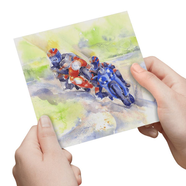 Motorbike Racing Greeting Card designed by artist Sheila Gill