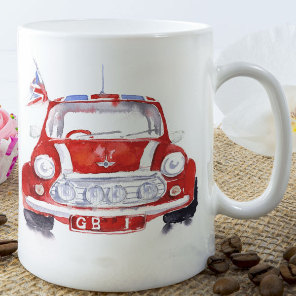 Red Mini Car Ceramic Mug classic british car designed by artist Sheila Gill