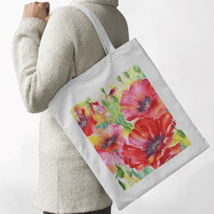 Red Poppy Tote Bag designed by artist Sheila Gill
