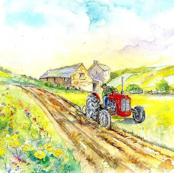 Red Vintage Tractor Greeting Card designed by artist Sheila Gill