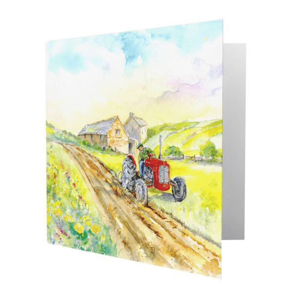 Red Vintage Tractor Greeting Card designed by artist Sheila Gill