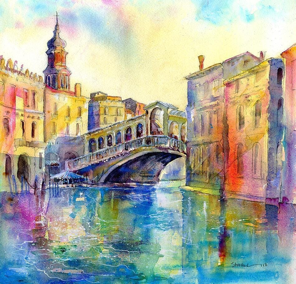 Rialto Bridge, Venice Art Print Watercolour by artist Sheila Gill
