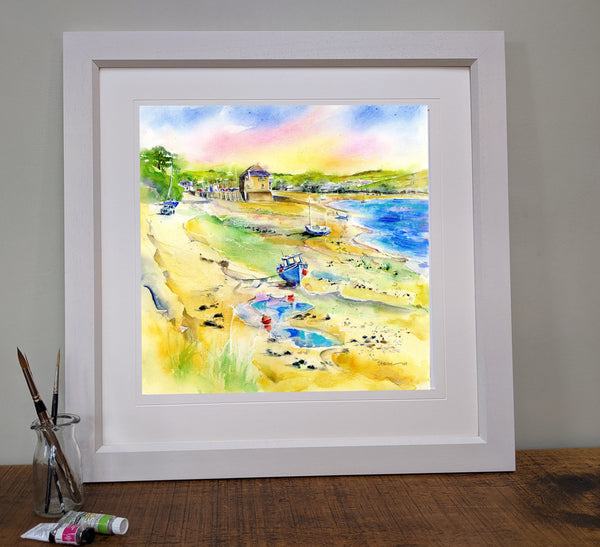 Rock Boathouse Framed cornish coastal village Art Print designed by artist Sheila Gill
