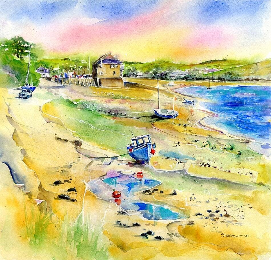 Rock Boathouse Cornish land and seascape watercolour Art Print designed by artist Sheila Gill
