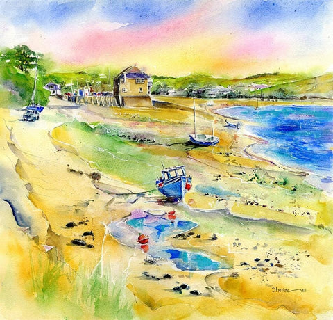 Rock Boathouse Cornish land and seascape watercolour Art Print designed by artist Sheila Gill
