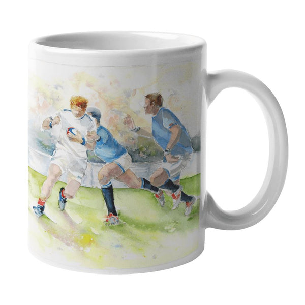 Game of Rugby Ceramic Mug Artist painted watercolour designed by artist Sheila Gill
