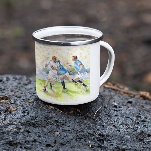 Rugby Enamel Mug designed by artist Sheila Gill