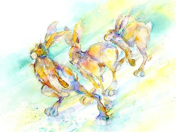 Running Hares Greeting Card designed by artist Sheila Gill
