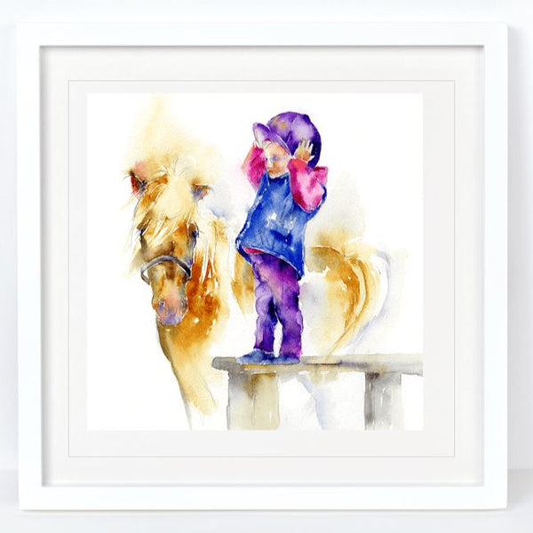 Little Girl and Pony Art Print designed by artist Sheila Gill