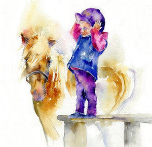 Little Girl and Pony Art Print designed by artist Sheila Gill
