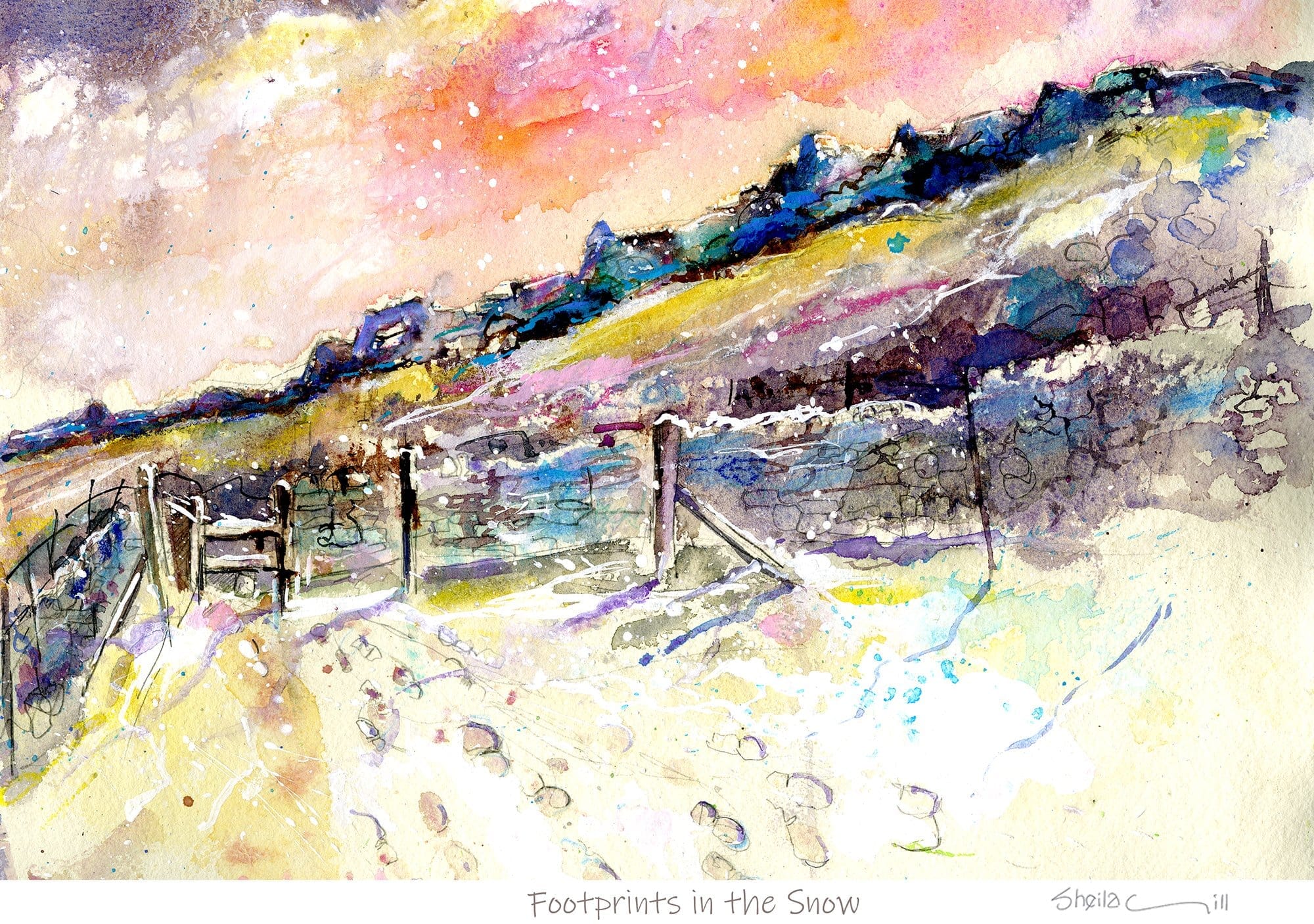 Snow on Curbar Edge, Derbyshire Landscape - Watercolour Landscape Art Print by artist Sheila Gill
