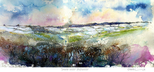 Snow over Ashover, Derbyshire Landscape Watercolour Art Print designed by artist Sheila Gill

