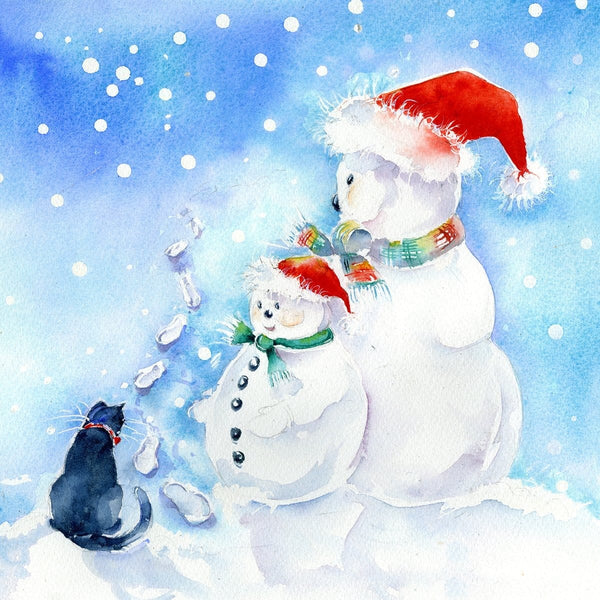 Snowman & Black Cat Christmas Card Pack Christmas Card Sheila Gill Fine Art 