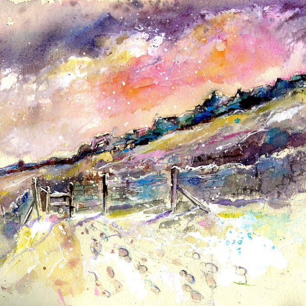 Snowy Curbar Edge Derbyshire Greeting Card designed by artist Sheila Gill
