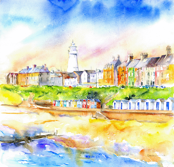 Southwold, Suffolk Picture with lighthouse and beach huts Watercolour painted by artist Sheila Gill
