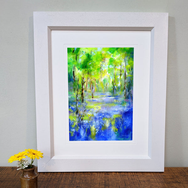 Spring Bluebells Framed Landscape Art Print home decoration designed by artist Sheila Gill