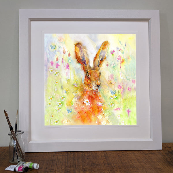 Spring Hare Art Print designed by artist Sheila Gill