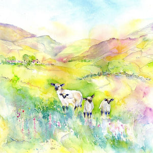 Spring Lambs on a Mountain hillside Art Picture watercolour painted by artist Sheila Gill
