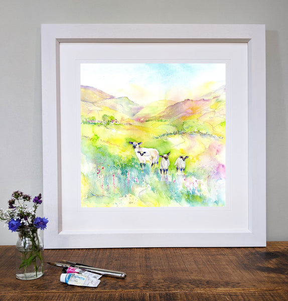 Spring Lambs Framed Art Print set in a mountain countryside designed by artist Sheila Gill
