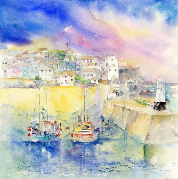 St Ives, Cornwall Art Picture watercolour seascape and lighthouse designed by artist Sheila Gill
