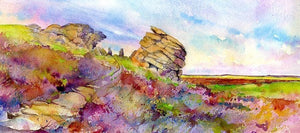 Cowper Stone, Stanage Edge, Watercolour Derbyshire Landscape Art Print by artist Sheila Gill
