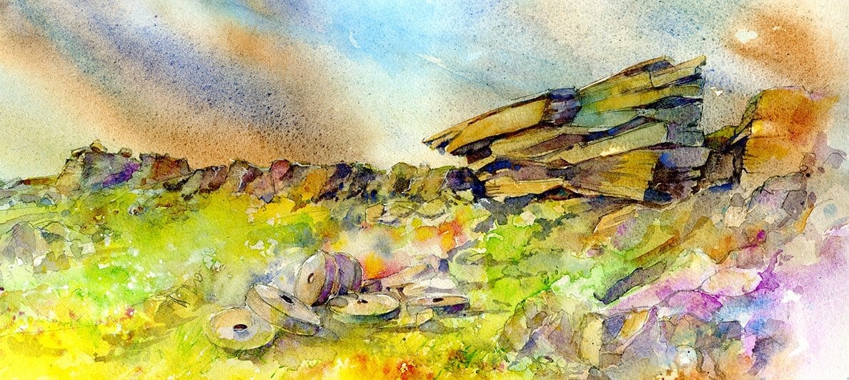 High Neb, Stanage Edge, Peak District Watercolour Art Print Derbyshire landscape artist Sheila Gill
