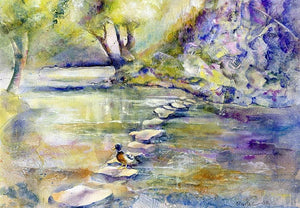 Stepping Stones Dovedale Watercolour Landscape Art Print designed by artist Sheila Gill
