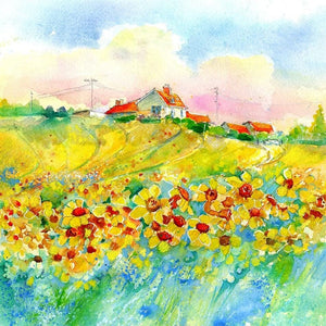 Sunflower Field Watercolour landscape Art Picture painted by artist Sheila Gill
