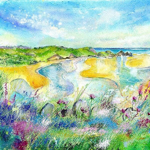 Three Cliffs Bay, Gower Peninsula Wales Art Picture Watercolour designed by artist Sheila Gill

