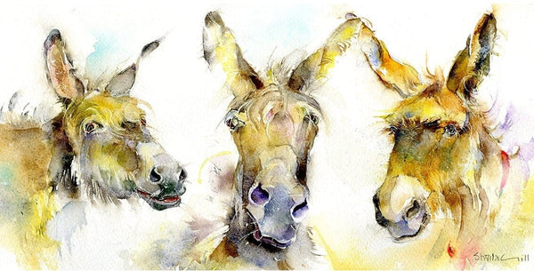 Three Amigos Brown Donkeys Art Picture watercolour designed by artist Sheila Gill
