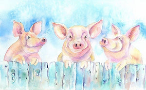Three Little Pigs Art Picture Watercolour Nursery rhyme Painted by artist Sheila Gill
