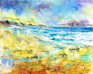 Treyarnon Bay, Cornwall Art Print designed by artist Sheila Gill
