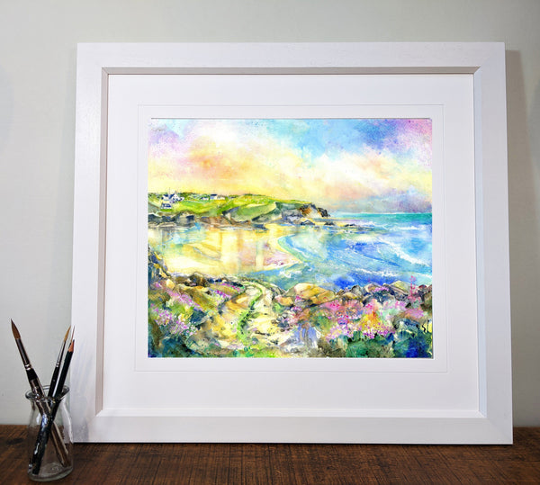 Treyarnon Bay, Cornwall Art Print designed by artist Sheila Gill