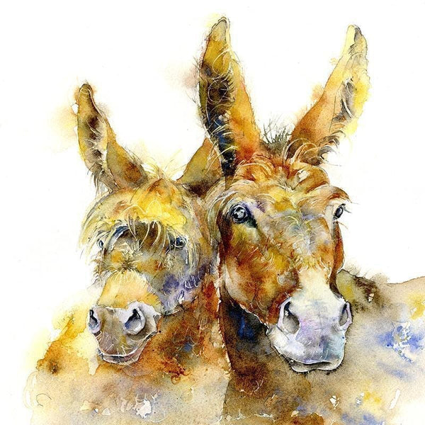 Two Cute Brown Donkeys Greeting Card designed by artist Sheila Gill