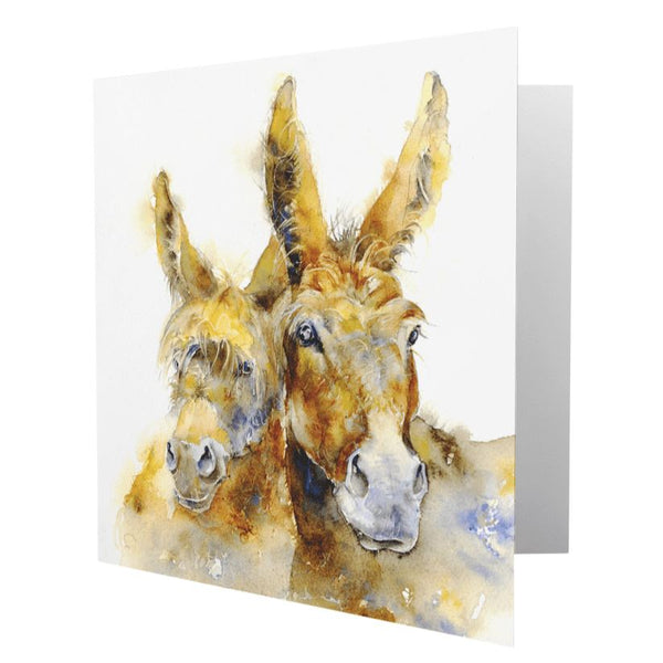 Two Cute Brown Donkeys Greeting Card designed by artist Sheila Gill