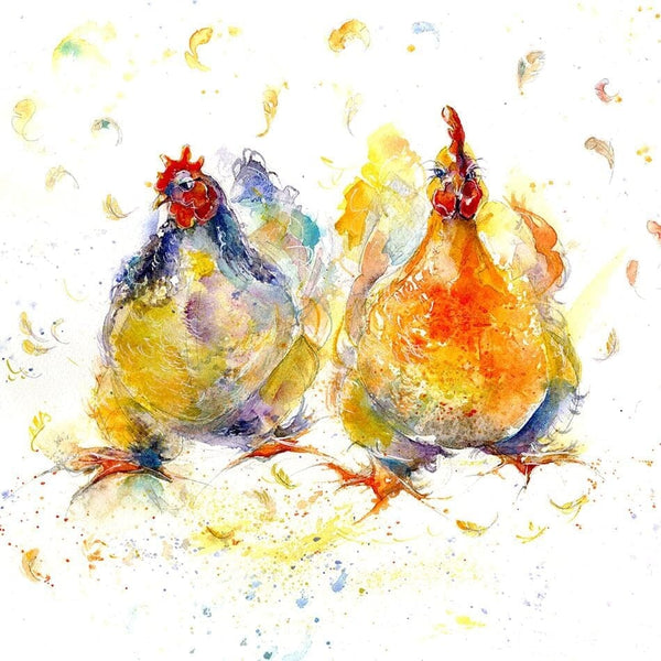 Two Farmyard Chickens Art Picture watercolour painted by artist Sheila Gill

