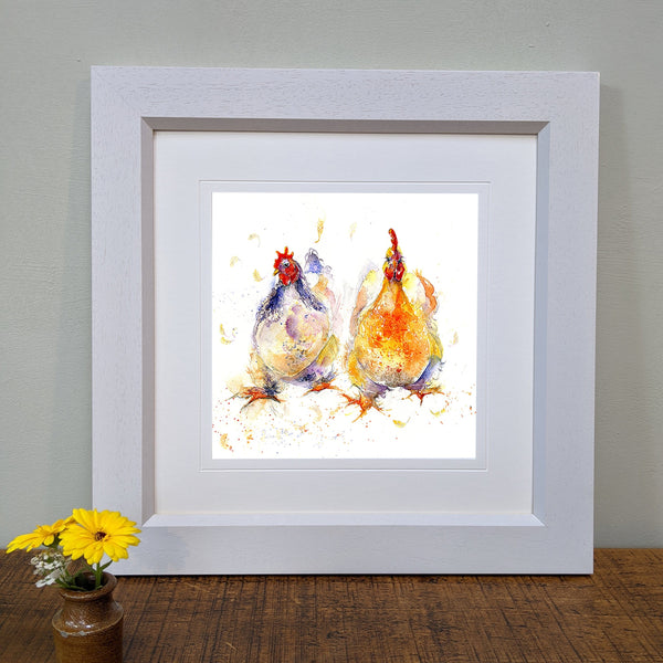 Two Chickens Farmyard animal Framed Art Print designed by artist Sheila Gill