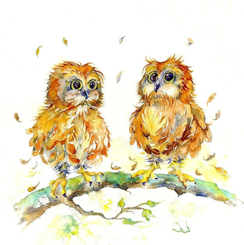 Two brown Owls Art Picture Watercolour designed by artist Sheila Gill
