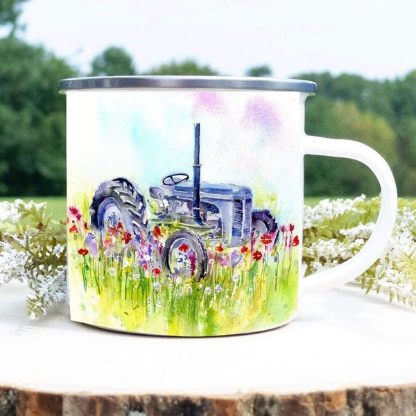 Farmyard Vintage Grey Fergie Tractor Enamel Mug designed by artist Sheila Gill