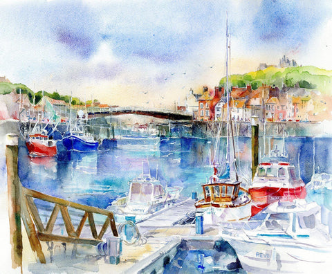 Whitby Coastal north yorkshire village with swing bridge watercolour painted by artist Sheila Gill
