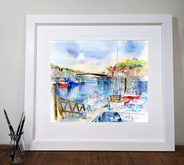 Whitby Fine Art Print in white wood frame Coastal interior design painted by artist Sheila Gill