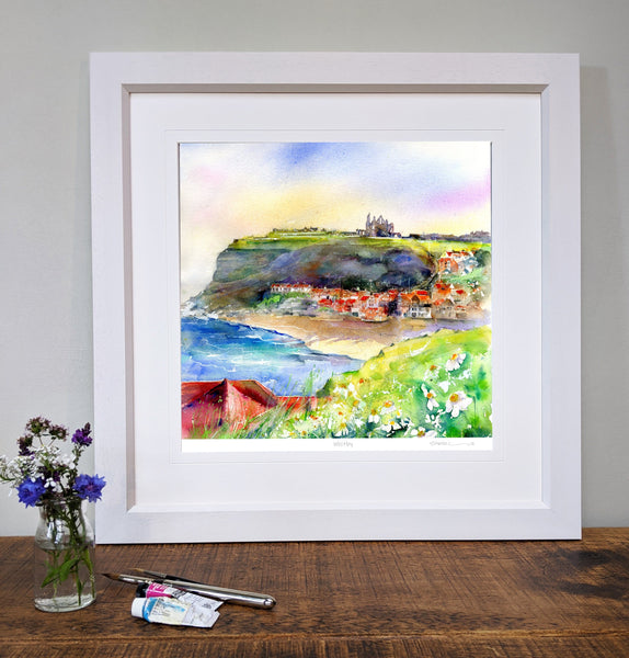 Whitby Abbey Yorkshire coastal village harbour in white wooden frame by UK artist Sheila Gill
